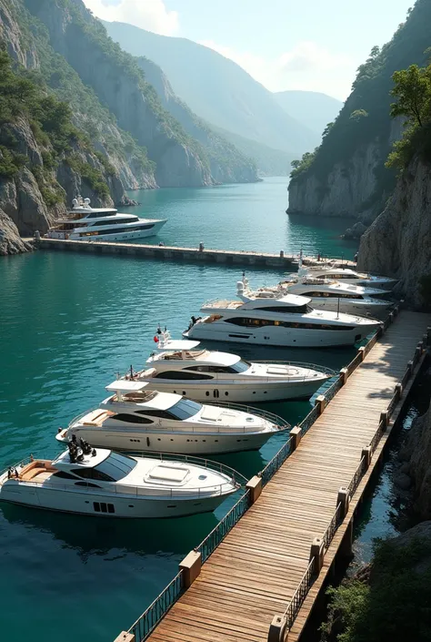 pier inside a cove with luxury boats
