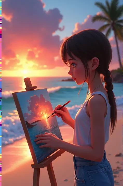 A young girl artist painting a sunset on a beach