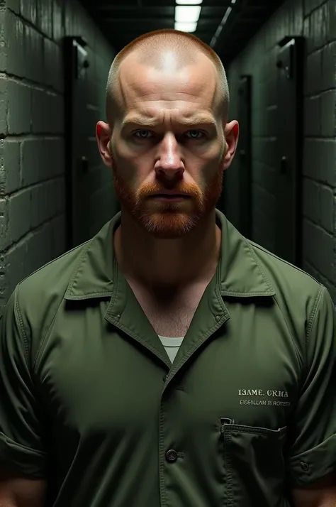 Ian Gallagher from Shameless with bald head and in prison suit 