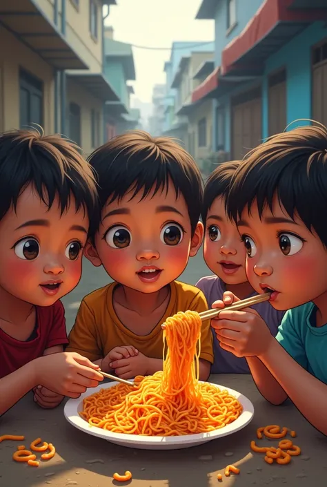 Nepali kids enjoying reasy made noodles that is unhealthy and contain a high amount of lead in it the product is called चाउचाउ