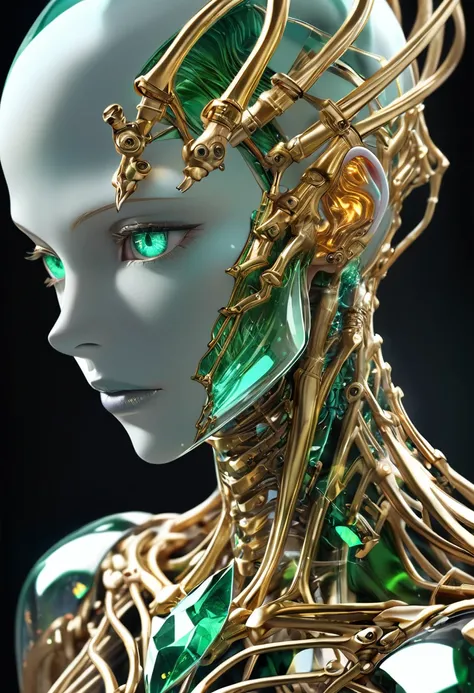 a highly detailed and photorealistic 3d cg concept art portrait of a surrealistic organic android, the androids head is entirely made of beautifully gold-plated human-like form with emerald green eyes, completely bald and smooth texture, the body below the...