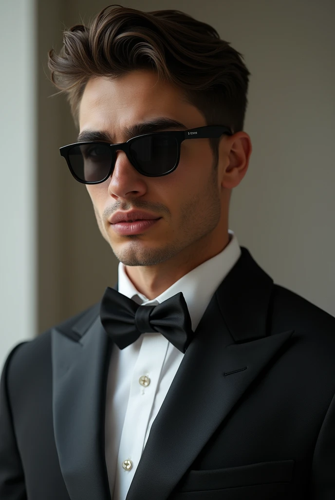 A realistic 20 years old man wearing tuxedo and black shades 