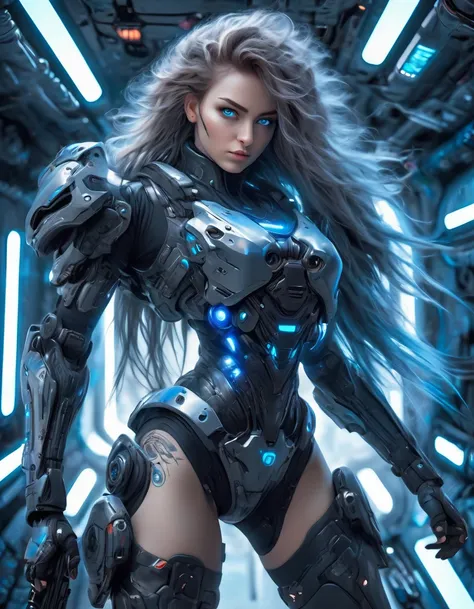 a woman wearing exoskeleton cyber armor, the armor fits snugly、((she has a plasma gun in her hand)), full body photo, maximum de...