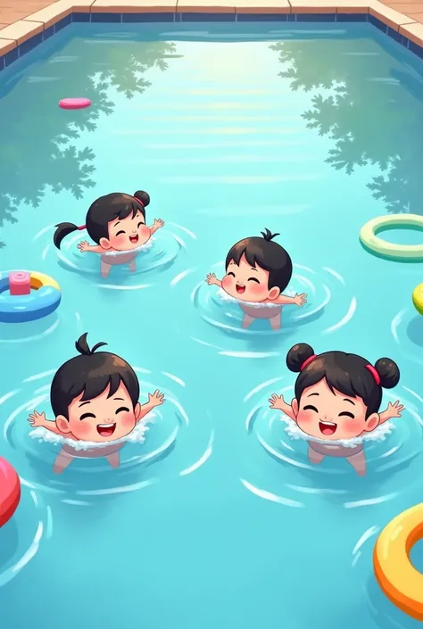 
"A group of chibi-style children happily swimming in a crystal clear pool. They are practicing the breaststroke stroke, with lively expressions and cute little bodies, surrounded by colorful floats and pool toys. The water reflects the clear blue sky, cre...