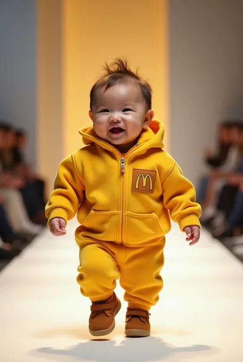 Portrait of a chubby and cute  baby boy smiling, walking in a fashion show. He is wearing a real mcdonalds brown shoes. professional studio lighting, photographed with a Canon EOS-1D X Mark III, 50mm f/1.4 lens