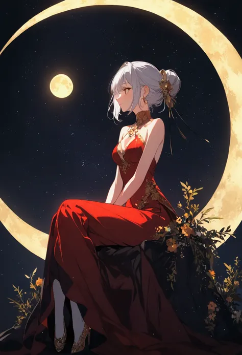 a girl sitting on a crescent moon