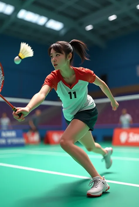 Girl badminton player wearing jersey no.11 name:Van