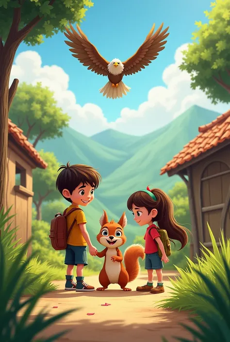 The village boy and the squirrel started getting to know everyone and became friends with the eagle and Jonaki and they all formed a team.