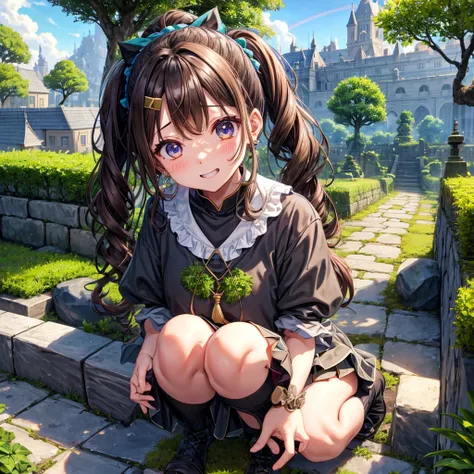 Rainbow brown hair、Rainbow Eyes、Wavy Hair、Hair tied up、Two cute、Checked mini skirt、Black T-shirt、dress、Black knee-high socks、Headband、Teeth are visible、Monster Castle、Tilting face、lawn、In front of the city gates、Underground tunnels、The stone is cracked、Une...