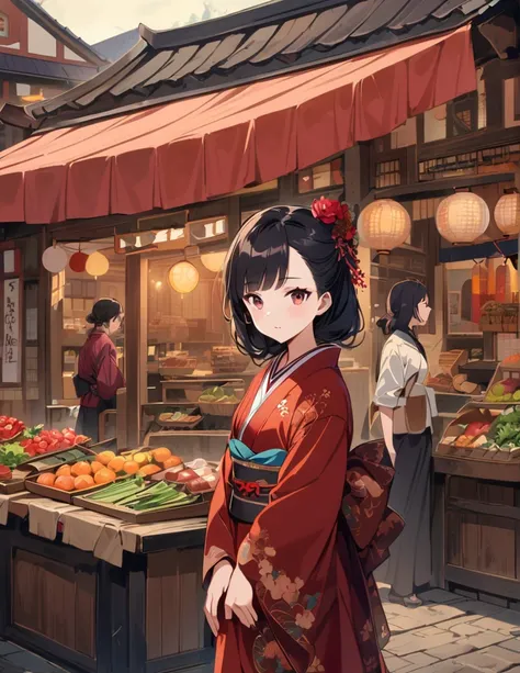 Anime style image of young girl with black hair and red flower accessories, dressed in gothic kimono. She is holding black parasol and standing in historical Japanese marketplace. The background includes traditional wooden buildings and various street vend...