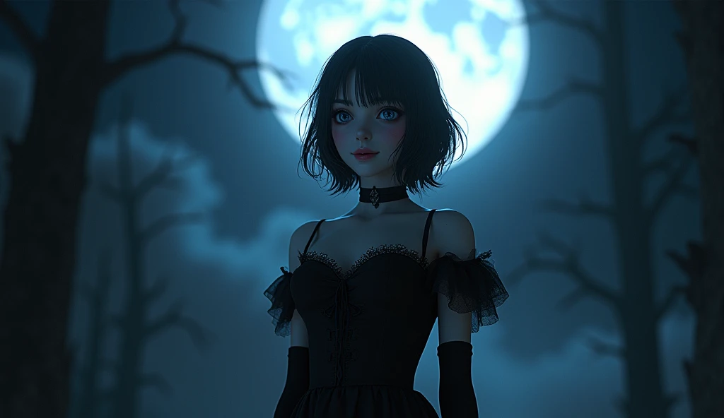 Its a bright night
Beauty under the moon
She was waiting for her blood
It is called eternal darkness A lovely young 3d girl with black hair, beautiful innocent eyes,The top is soaked , a frightened expression, a slightly trembling body, wearing a rococo...