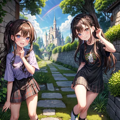 Rainbow brown hair、Rainbow Eyes、Wavy Hair、Hair tied up、Two cute、Checked mini skirt、Black T-shirt、dress、Black knee-high socks、Headband、Teeth are visible、Monster Castle、Tilting face、lawn、In front of the city gates、Underground tunnels、The stone is cracked、Une...