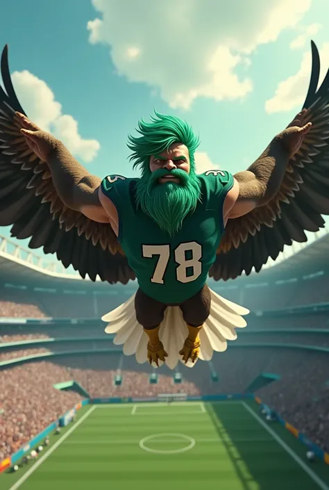 player with green hair green beard, flying on an eagle over a stadium, 
, jersey number 78.