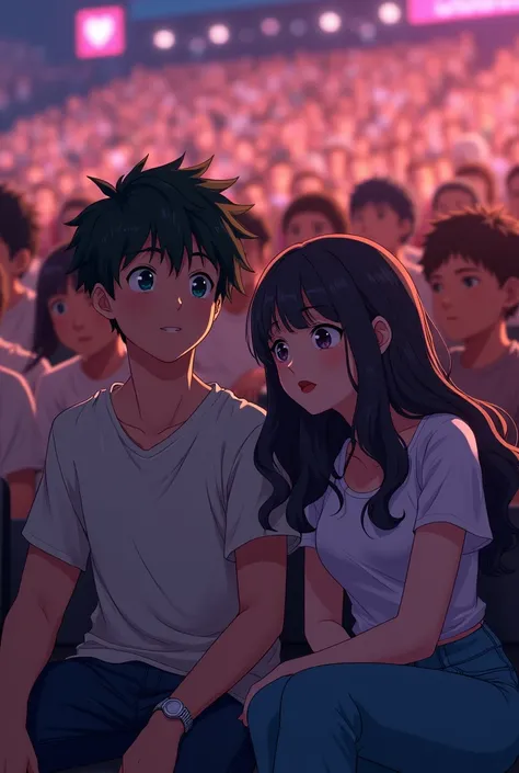 Anime 24 years young guy sitted in the crowd  and opposite his girlfriend  both are watching together View from top shot
