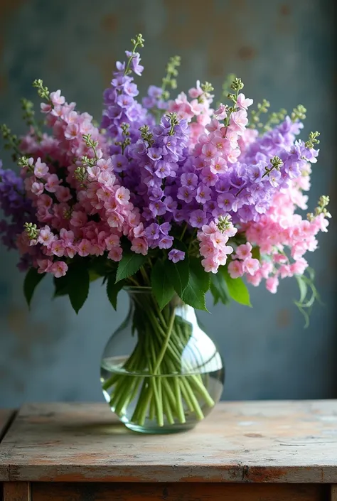 Still life film photograph of a huge bouquet of purple, pink and white sweet peas in a large glass vase. Next to the vase is the text "Thank you". The base is a wooden surface with a few scratches. The lighting is soft.