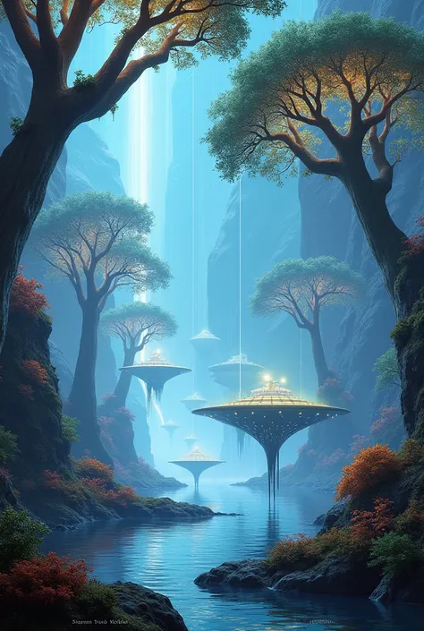 a futuristic version of a natural landscape, like a glowing forest or a floating island.