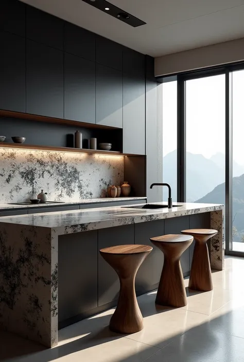 Generate 3D realistic kitchen counter with good quality details The image showcases a modern, minimalist kitchen with a sleek, contemporary design. The atmosphere is sophisticated and calm, featuring dark-toned cabinetry and a unique, distressed backsplash...