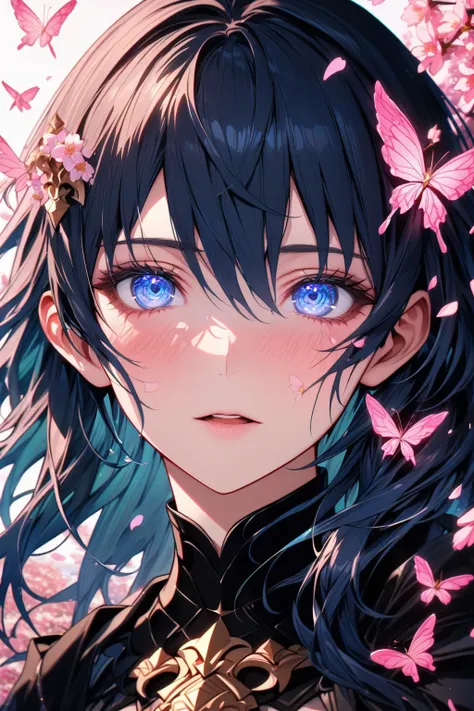 absurdres, highres, ultra detailed, HDR, master piece, best quality, extremely detailed, detailed eyes, detailed face, Byleth, dark blue hair, expressive blue eyes, Fire Emblem Three Houses, solo, woman, beautiful, black cape, black clothes, cherry blossom...