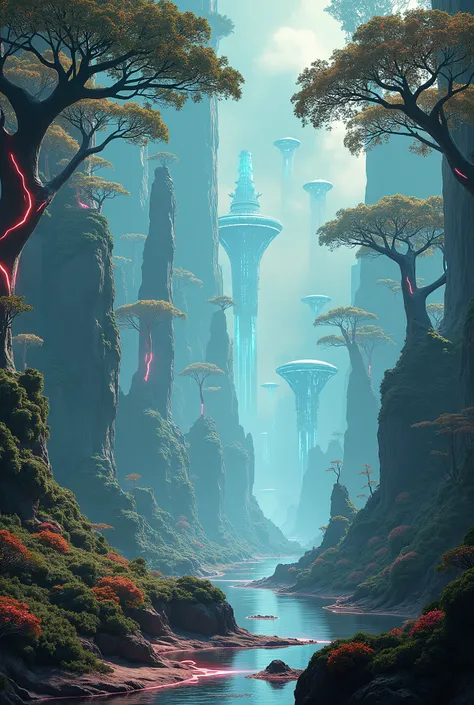 a futuristic version of a natural landscape, like a glowing forest or a floating island.