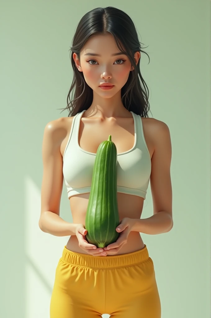 A brunette gen-z young lady, athletic thin body, white ivory skin, holding a cucumber 