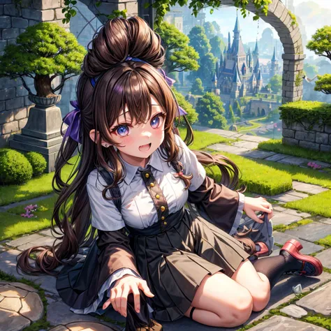 Rainbow brown hair、Rainbow Eyes、Wavy Hair、Hair tied up、Two cute、Checked mini skirt、Black T-shirt、dress、Black knee-high socks、Headband、Teeth are visible、Monster Castle、Tilting face、lawn、In front of the city gates、Underground tunnels、The stone is cracked、Une...