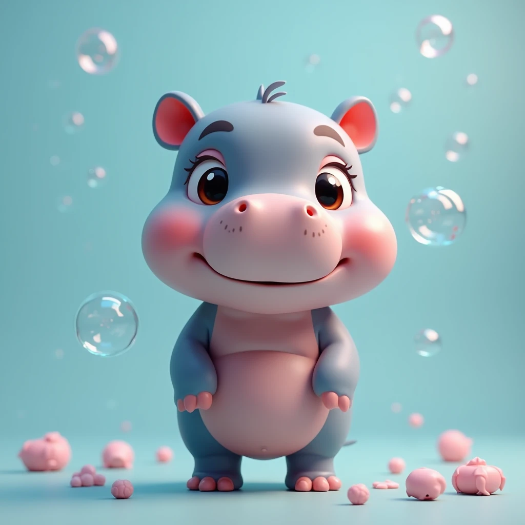 Create a Realistic Image, of An adorable  baby pygmy hippo named Moo Deng, big eye, Standing in a Greeting Position with Hands Raised, "    smile: Big eyes, pouting lips " Face, 3D "  MooDing" Letters, Light Blue Background and Floating Bubbles. , High Qua...