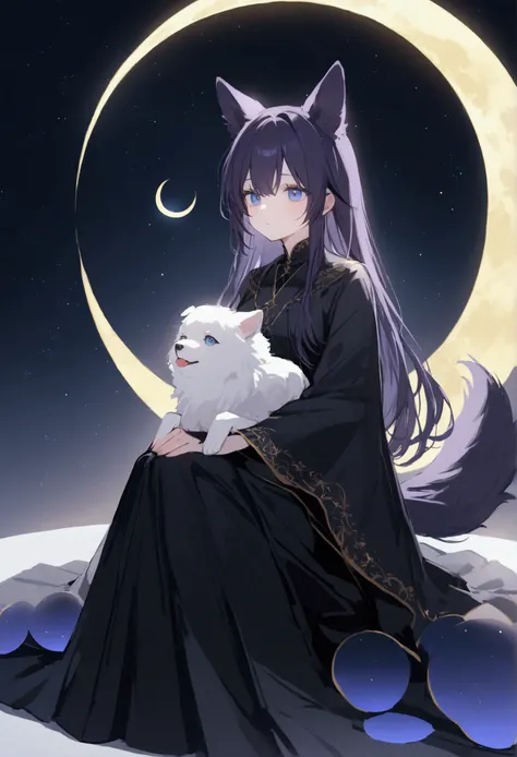 A girl with fair skin, dark violet hair with black streaks, blue eyes, wearing black robes, with dog ears, a white curled dog tail, sitting on a blue crescent moon