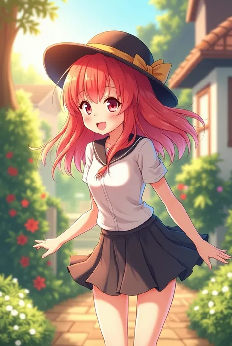 A red-haired anime girl morning in a skirt with a black hat