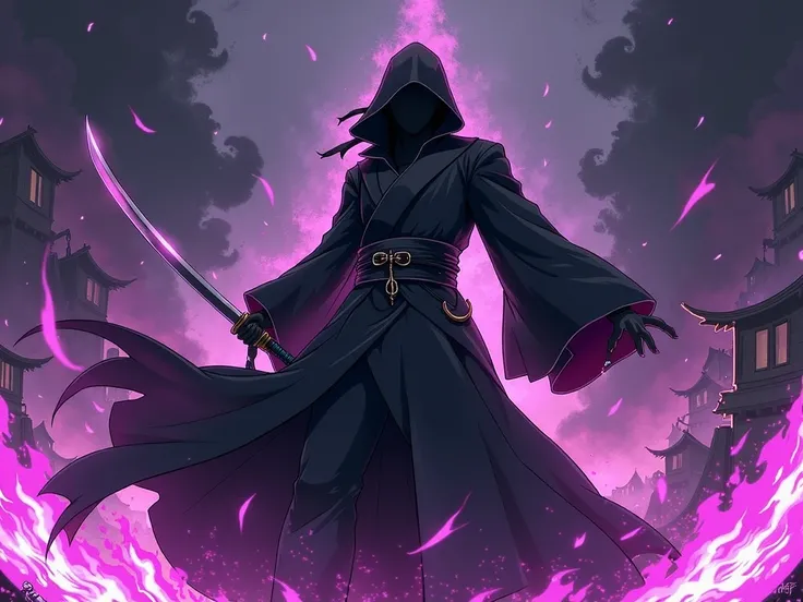 Shadowy figure, mysterious and powerful, unleashing bankai with a katana amidst dark purple flames in a world-ending scenario.