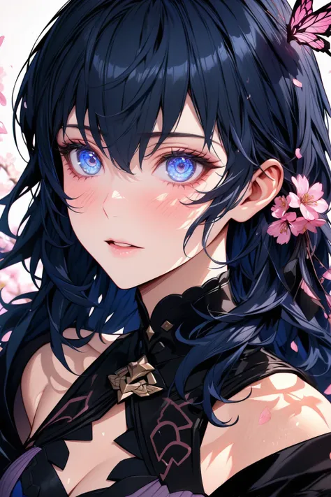 absurdres, highres, ultra detailed, HDR, master piece, best quality, extremely detailed, detailed eyes, detailed face, Byleth, dark blue hair, expressive blue eyes, Fire Emblem Three Houses, solo, woman, beautiful, black cape, black clothes, cherry blossom...