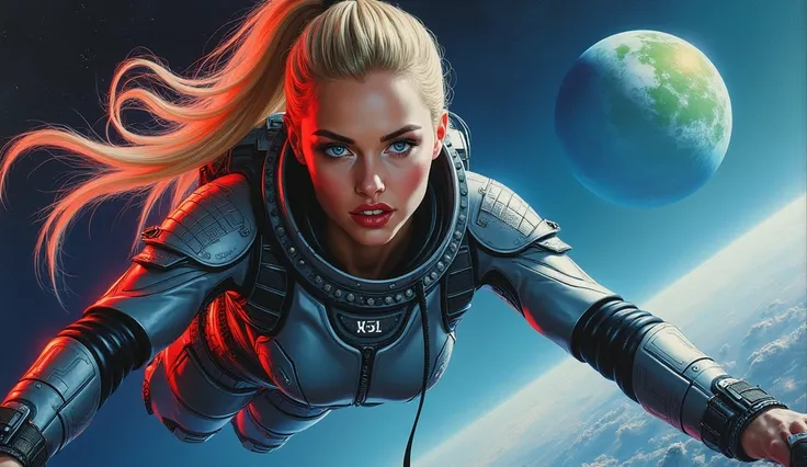 High-quality realistic acrylic art, VIVID COLORS, full body, a beautiful european woman with blonde hair, ponytail, blue eyes, red lips, looking at the viewer with suspicious face, shy smile, red lips, she wears sci-fi blue and silver glossy metalic space ...