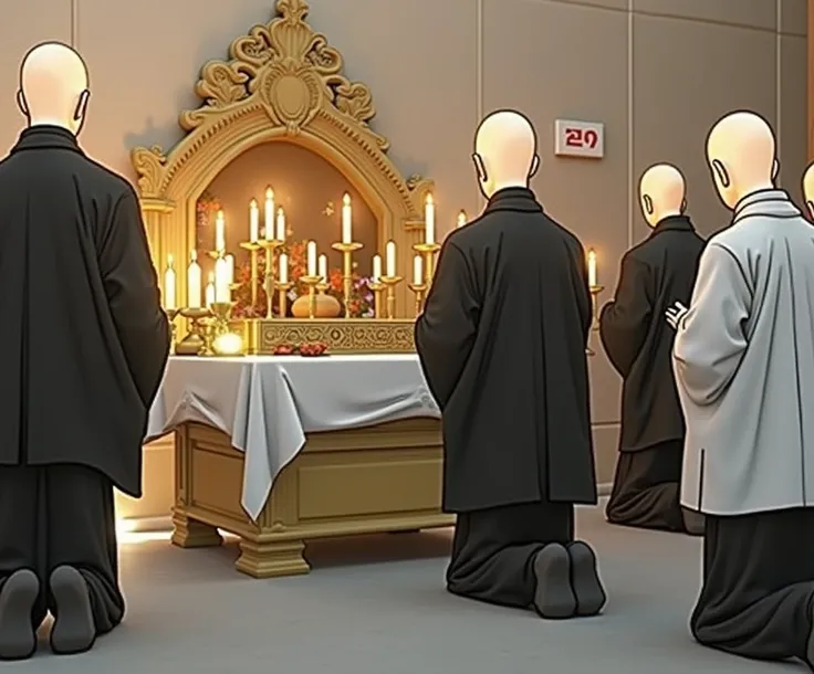 buddhist monks in dark robes praying in front of funeral altar