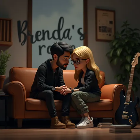 (a male, black hair, very little beard, wearing black jacket, watch, brown leather shoes), (female, long blonde hair, little fat, wearing black jacket, eyeglasses, watch, cargo pants, low cut white sneakers) sitting on a sofa, emotional connection, (books,...