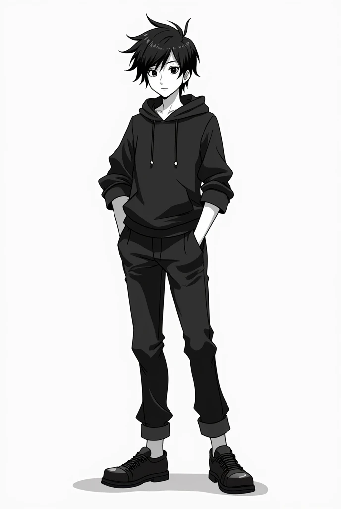 Make me a new and easy anime character to draw (man) and in black and white 