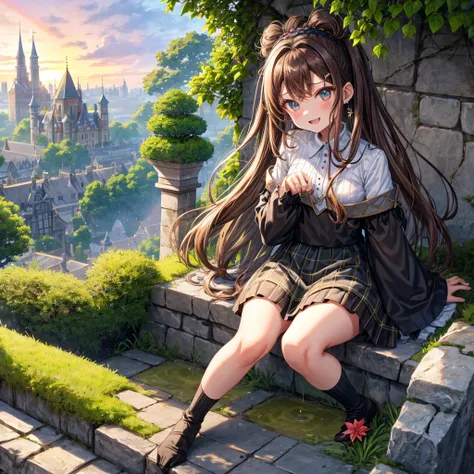 Rainbow brown hair、Rainbow Eyes、Wavy Hair、Hair tied up、Two cute、Checked mini skirt、Black T-shirt、dress、Black knee-high socks、Headband、Teeth are visible、Monster Castle、Tilting face、lawn、In front of the city gates、Underground tunnels、The stone is cracked、Une...