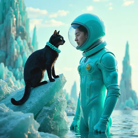 Sharp, transparent mineral crystals rise above the vast ocean.. A man wearing a bright turquoise spacesuit and space helmet with a strong luster and a black cat wearing a turquoise bead necklace sit side by side looking at each other on top of the mineral ...