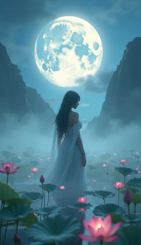 Full moon night、Lotus flower pond, A fantastic landscape shrouded in mist, ((masterpiece, Best Quality, Best image quality, High resolution, Realistic, RAW Photos, 8k, High-definition CG synthesis 8k wallpaper)), (Huge and stunning goddess shot, Very hot a...