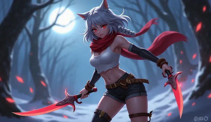 League of Legends Game art cool Pose character, 1 female, grey hair,wolf ears red eyes, sharp face,Wear a worn-out red scarf. Wear a white long-sleeved off-the-shoulder shirt. black shorts brown boots.Crazy expression holding a pair of ancient red daggers ...