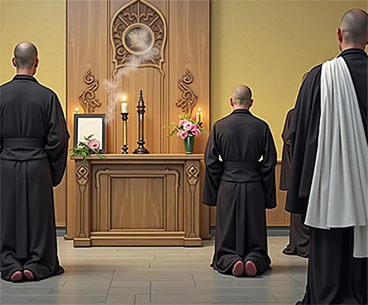 buddhist monks in dark robes praying in front of funeral altar with a blank photo frame, buddhist funeral, yellow backdrop