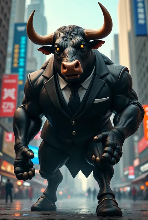 Stock market real aggresive bull wearing suit full size