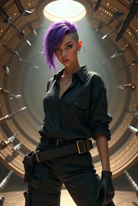 A realistic European woman with purple hair and a shaved right side. She has a slightly round face and green eyes. She is standing in the center of a spherical room with curved walls and ceiling, resembling the inside of a hemisphere. The walls and ceiling...