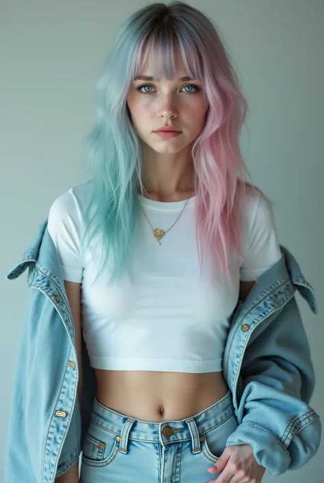 A woman young, weird, pretty face, hair dyed light blue and light pink, blue eyes, white skin, short white t-shirt and light denim jacket, tight light jeans, gray background