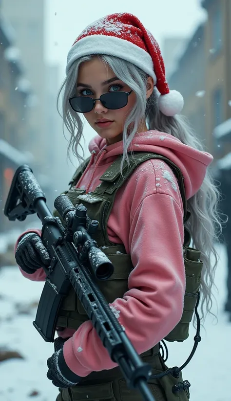 ((ultra detailed, masterpiece, absurdres)), a young & gorgeous soldier female, detailed face, beautiful eyes, long curly ponytails hair with Santas cap, silver shade hair, wearing sunglasses, sniper ((AWM)) weapon on her shoulder with a determined gaze, we...