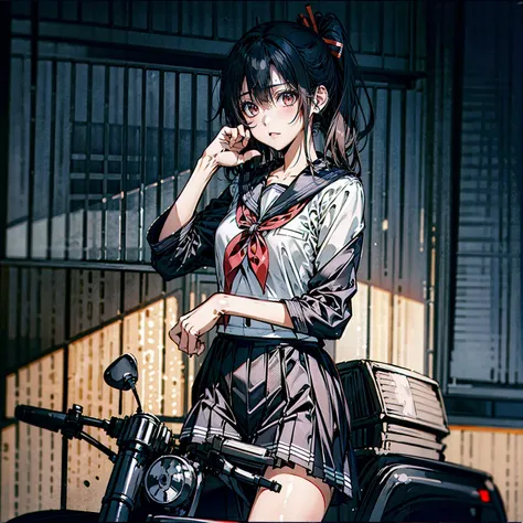 masterpiece, Best Quality, High resolution,Alone, Very detailed,Detailed bike,Accurate human body、Knowledgeable person、Correct 5 fingers,Sailor suitを着たアニメの女の子が、Driving a motorcycle, Fluffy ponytail,Japanese girls uniform, Japanese School Uniform, High scho...