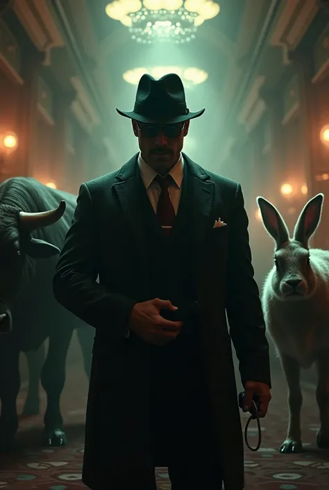 man in mafia hat with cell phone in hand next to a bull and a rabbit on the side, behind a casino