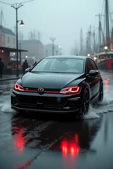 
 polo black color car in harber and red colour headlight and rain season