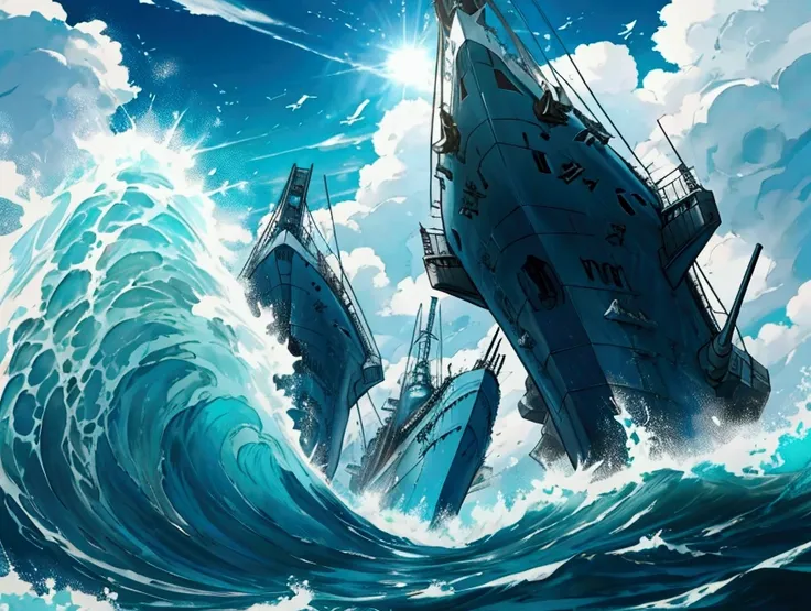 On the light blue sea with white waves, a huge battleship broke through the turbulent sea water and behind it were three large destroyers.，The camera is on the right, slightly higher than the ship.，The style is comics。Clear sky，blue sea，Vibrant colors，The ...