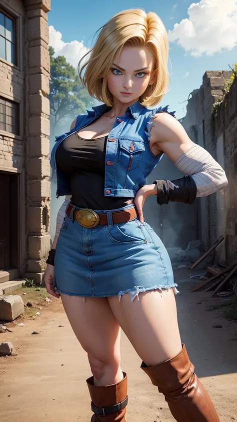 Android 18 from Dragon Ball Z, (best quality, 4K, 8k, high resolution, work of art: 1.2) (climate: Clouded), battle ruins background, black shirt, striped sleeves, denim vest, denim skirt, pantyhose, brown boots, waist belt, short hair, ultra detailed, <xm...