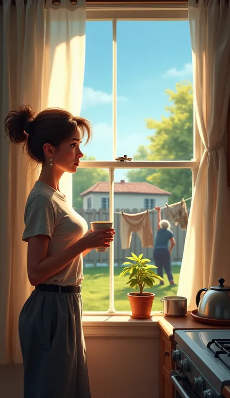 Clara stood in her cozy kitchen, bathed in the soft morning light, holding a cup of coffee. She glanced out the window and noticed her neighbor, Mrs. Harper, hanging laundry on a clothesline in the adjacent yard. The scene outside was calm, with a clear bl...