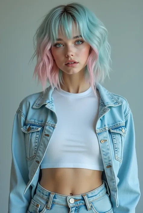 A woman young, weird, pretty face, hair dyed light blue and light pink, blue eyes, white skin, short white t-shirt and light denim jacket, tight light jeans, gray background